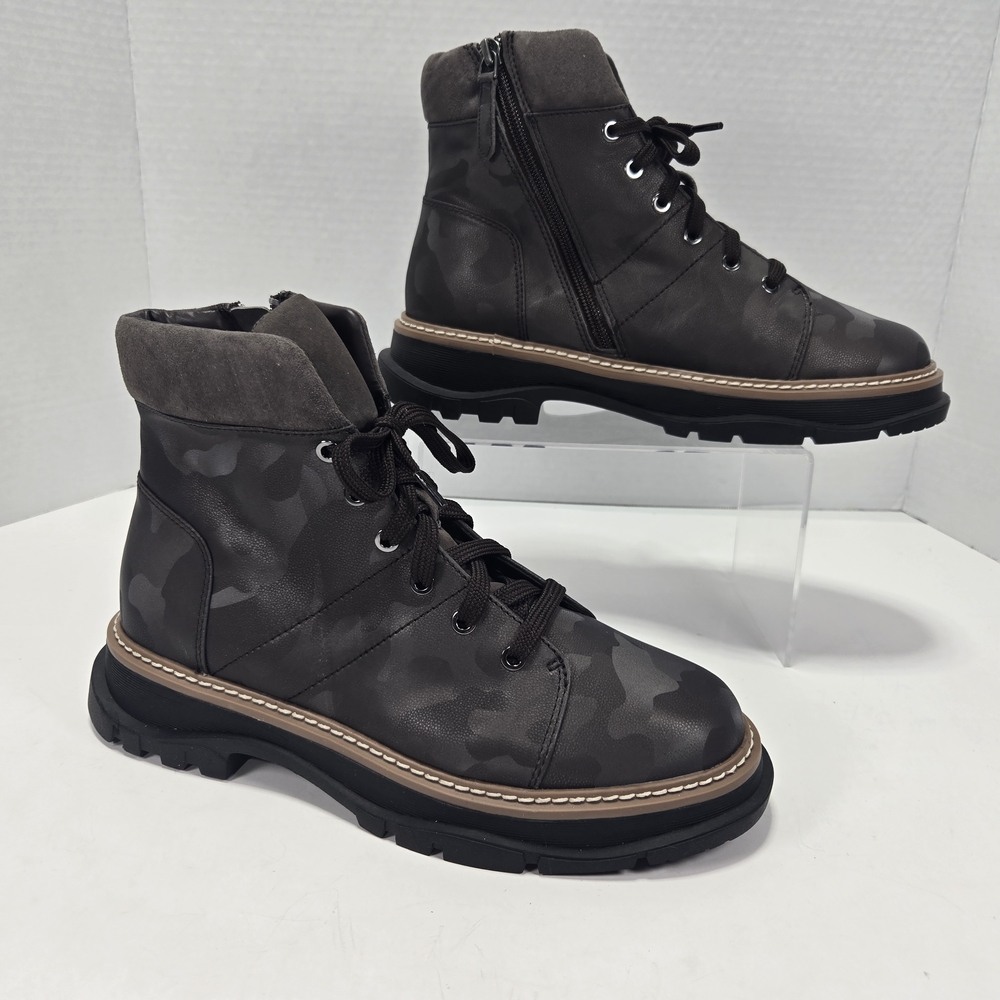 Linea Paolo Women's Boca Dark Brown Camo Combat Leather Ankle Boots Size 8.5